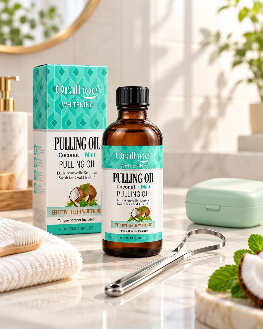 Coconut Mint Pulling Rinse on a bathroom counter next to a retainer case
