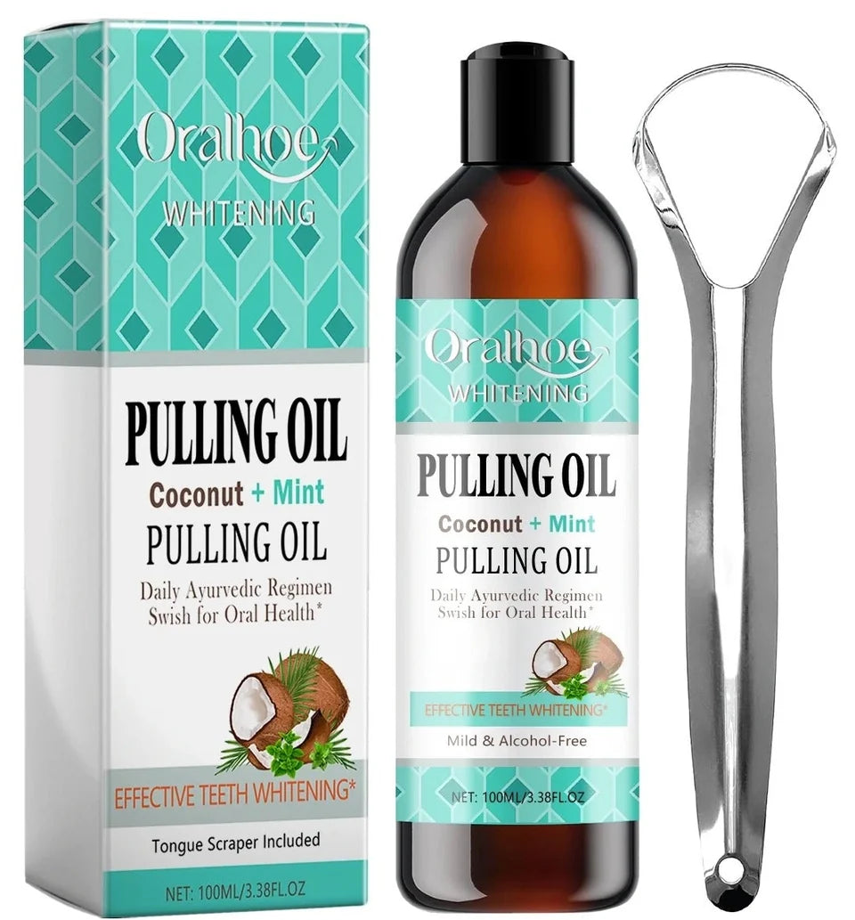 Daymint Coconut Mint Pulling Rinse with its box and tongue scraper